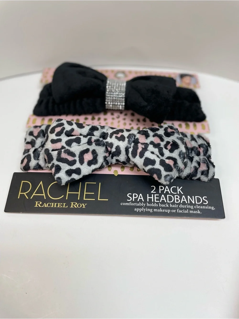RACHEL Roy Black Bow & Pink Leopard Spa Headband Set-Makeup Brush Setting Spray